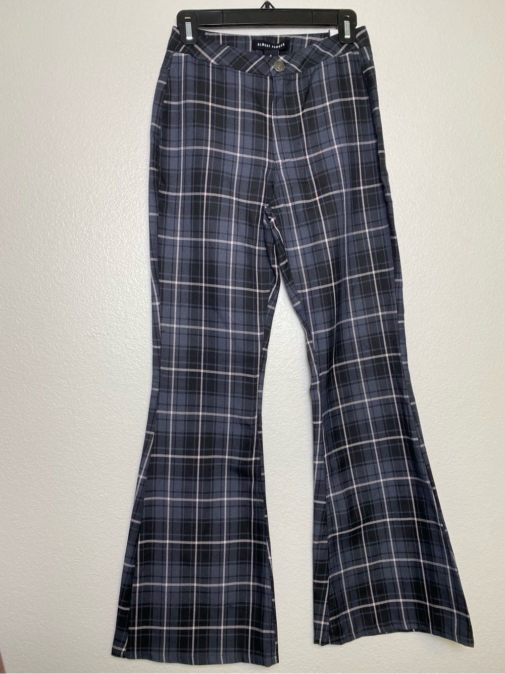 NWOT Almost Famous Punk Plaid Y2K Flare Pants Black Gray Sz 1